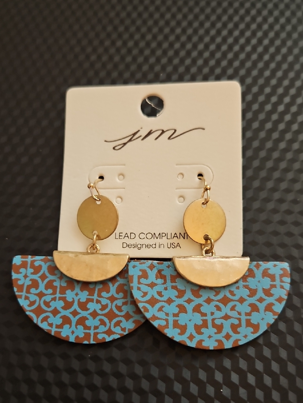 jm Gold & Turquoise Patterned Half-Moon Dangle Earrings